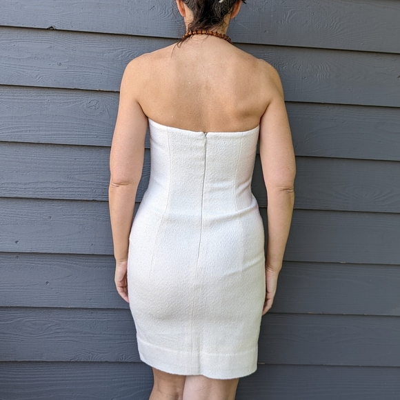 vintage STRAPLESS IVORY DRESS wool boucle 1990's S - Picture 7 of 15